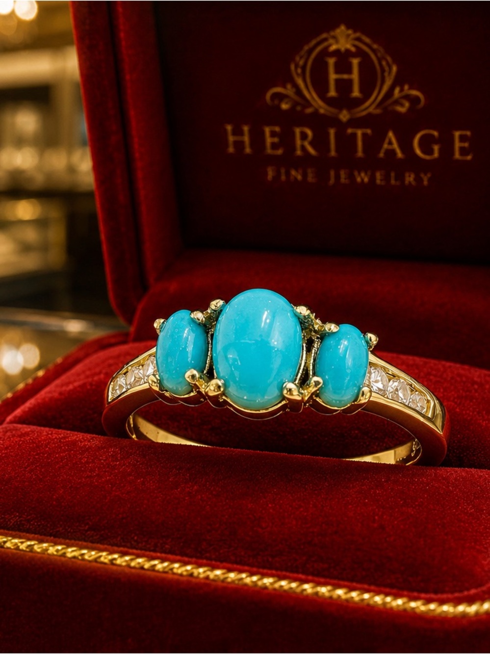 Blue Sleeping Beauty Turquoise With White Zircon 18kYellow Gold Over Silver Ring